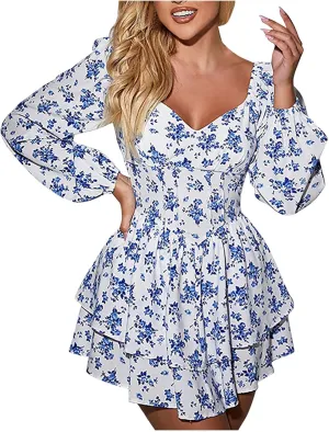 Sweetheart Neck Ruffle Dress for Women Vintage Boho Floral Print Long Sleeve Tiered Layered Pleated Swing Mini Dress