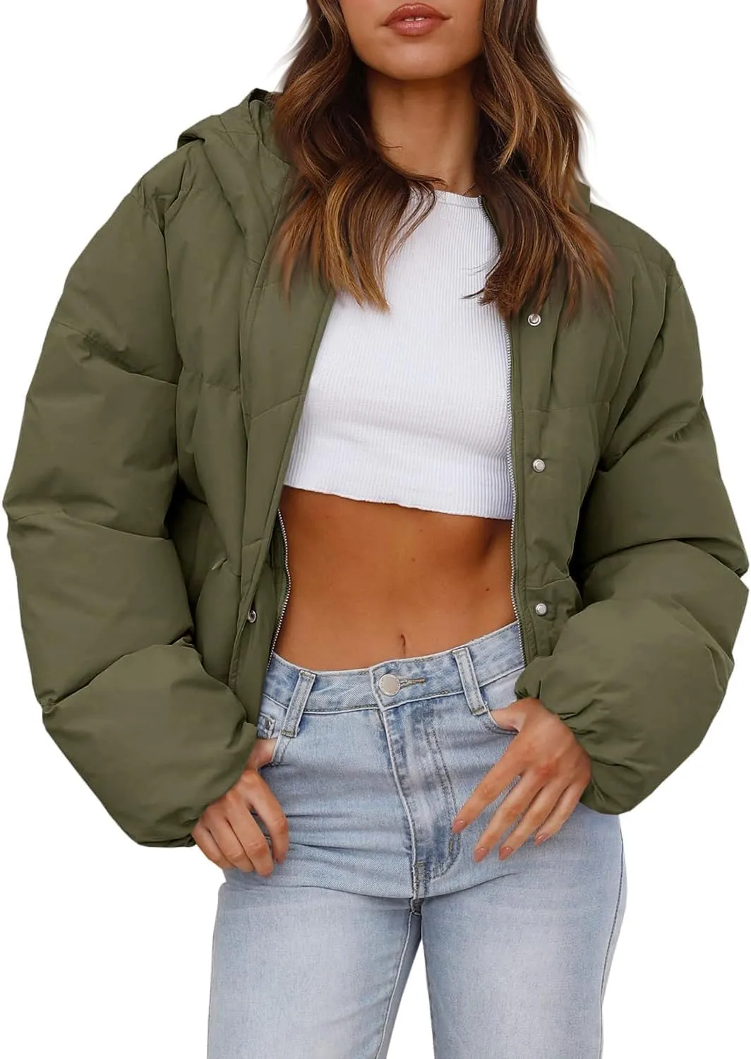 Tankaneo Women's Cropped Puffer Jacket Casual Winter Hoodie Baggy Short Down Coats with Pockets