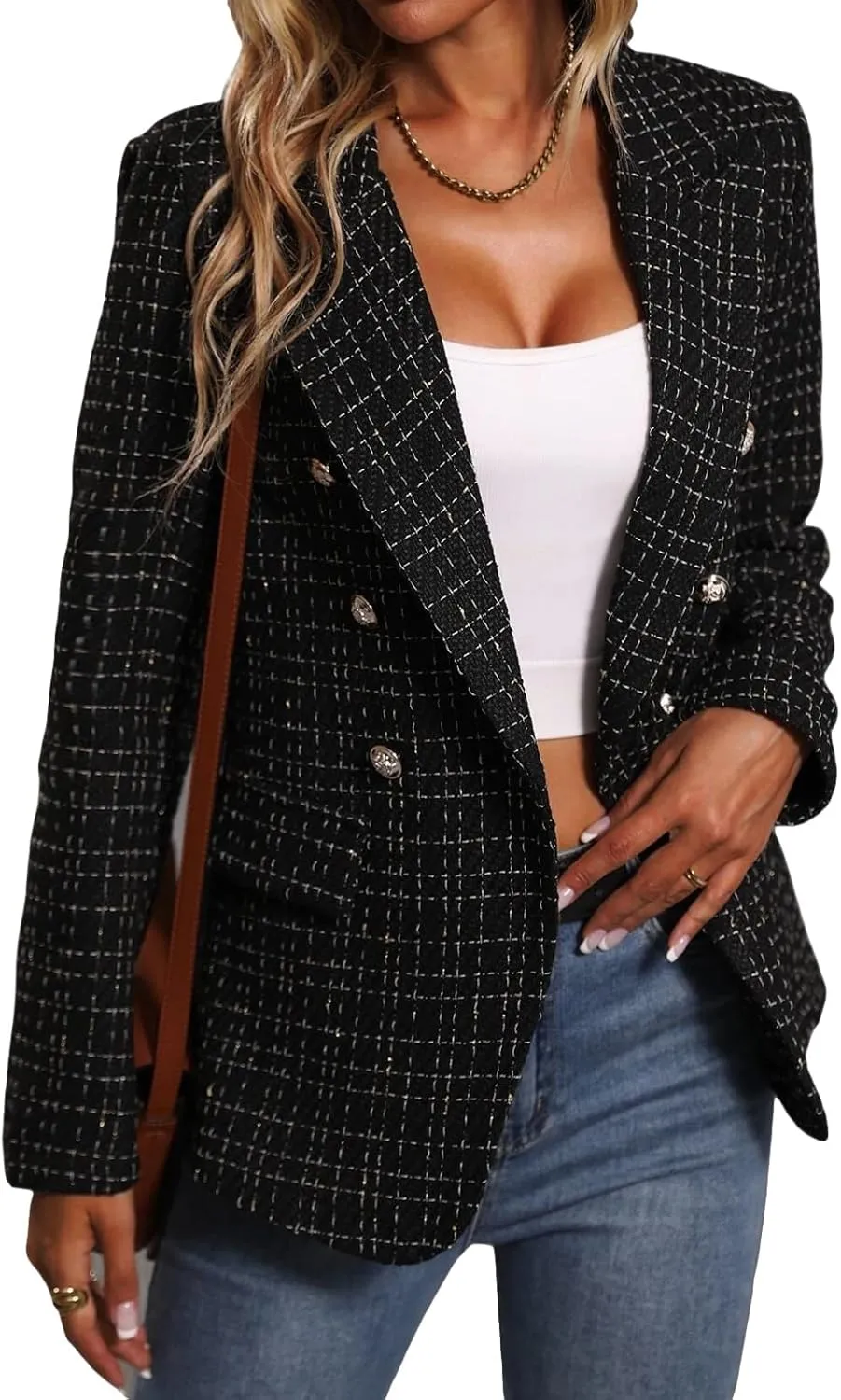Tweed Blazers for Women Fully-Lined Long Sleeve Open Front Double Breasted Fashion Casual Jacket Coat