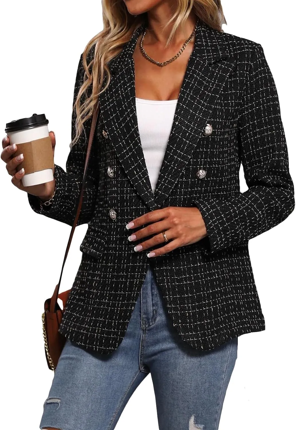 Tweed Blazers for Women Fully-Lined Long Sleeve Open Front Double Breasted Fashion Casual Jacket Coat