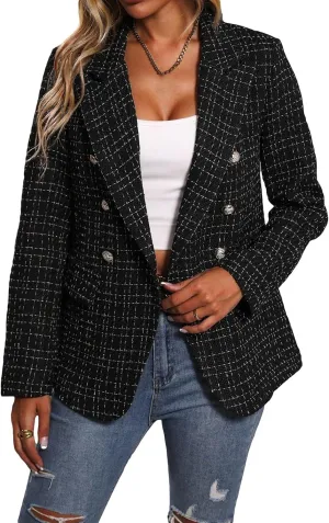 Tweed Blazers for Women Fully-Lined Long Sleeve Open Front Double Breasted Fashion Casual Jacket Coat