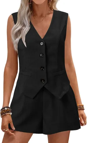 Two Piece Sets for Women Sleeveless Blazer Sets Summer 2-Piece Outfits Button Down V Neck Casual Shorts and Blazer Set