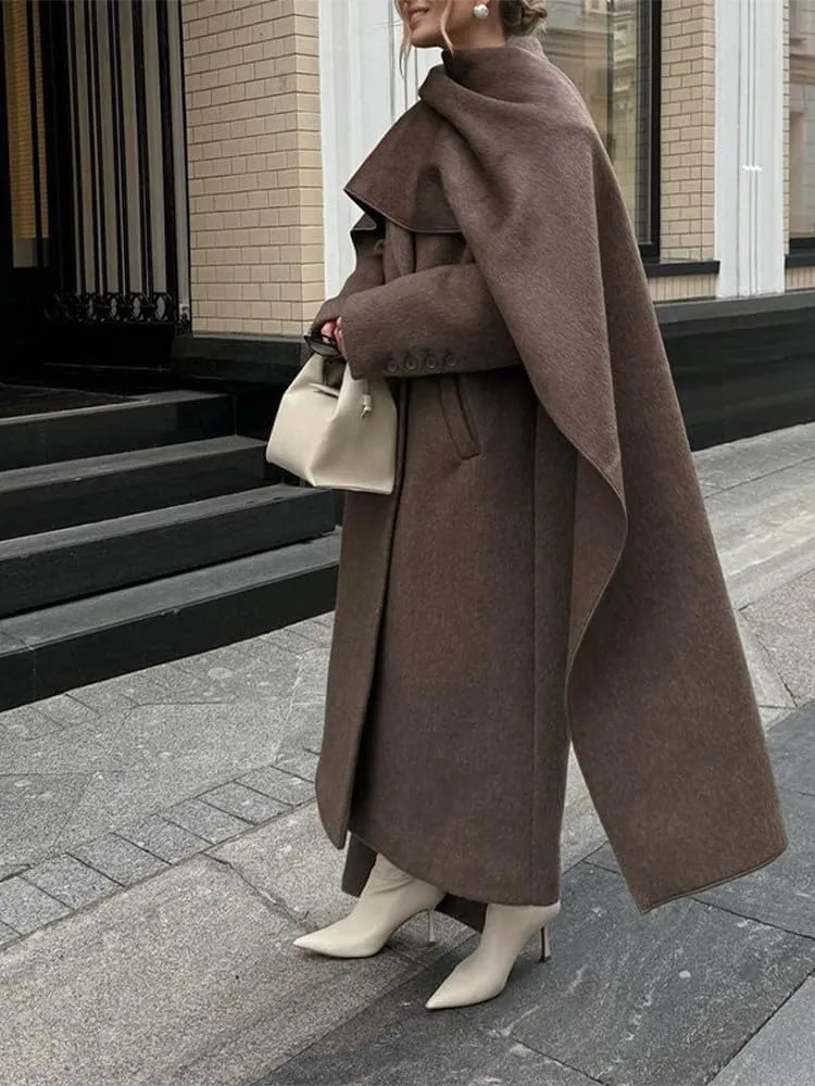 utcoco Womens Maxi Wool Coats Long Shawl Scarf Button Down Woolen Blend Trench Coat with Pockets