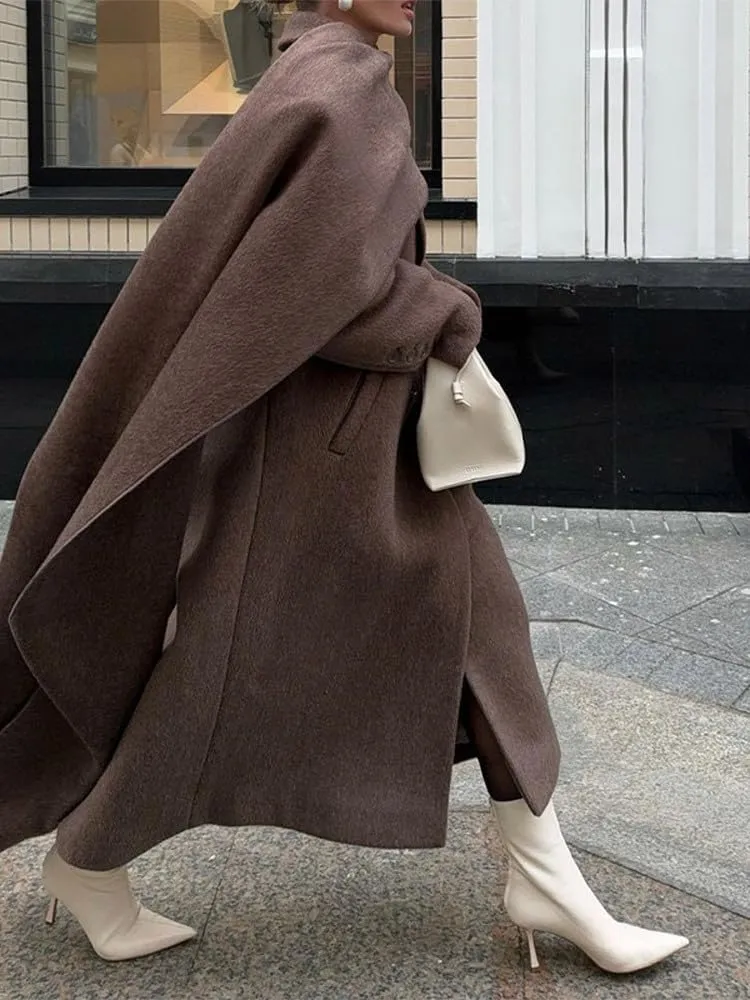 utcoco Womens Maxi Wool Coats Long Shawl Scarf Button Down Woolen Blend Trench Coat with Pockets