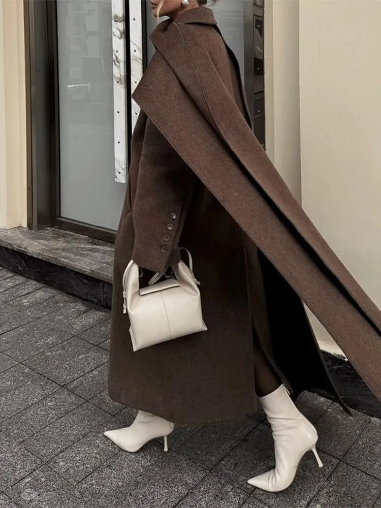 utcoco Womens Maxi Wool Coats Long Shawl Scarf Button Down Woolen Blend Trench Coat with Pockets