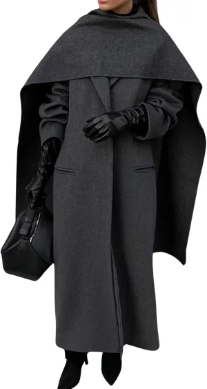 utcoco Womens Maxi Wool Coats Long Shawl Scarf Button Down Woolen Blend Trench Coat with Pockets