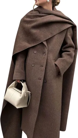 utcoco Womens Maxi Wool Coats Long Shawl Scarf Button Down Woolen Blend Trench Coat with Pockets