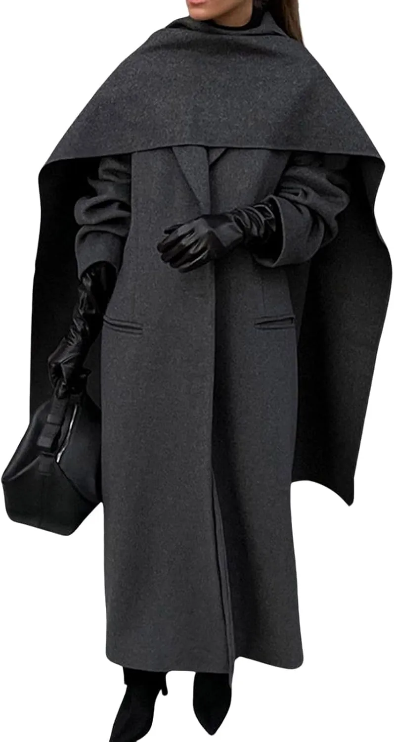 utcoco Womens Maxi Wool Coats Long Shawl Scarf Button Down Woolen Blend Trench Coat with Pockets