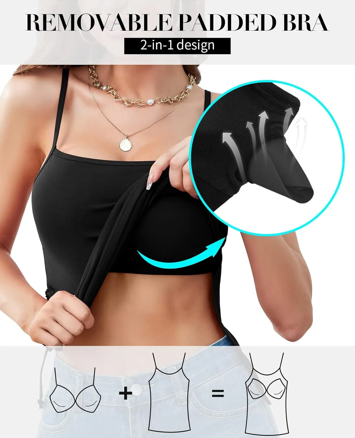 V FOR CITY Padded Camisole for Women with Built-in Bra Adjustable Strap Tank Tops Cotton Cami Shirts
