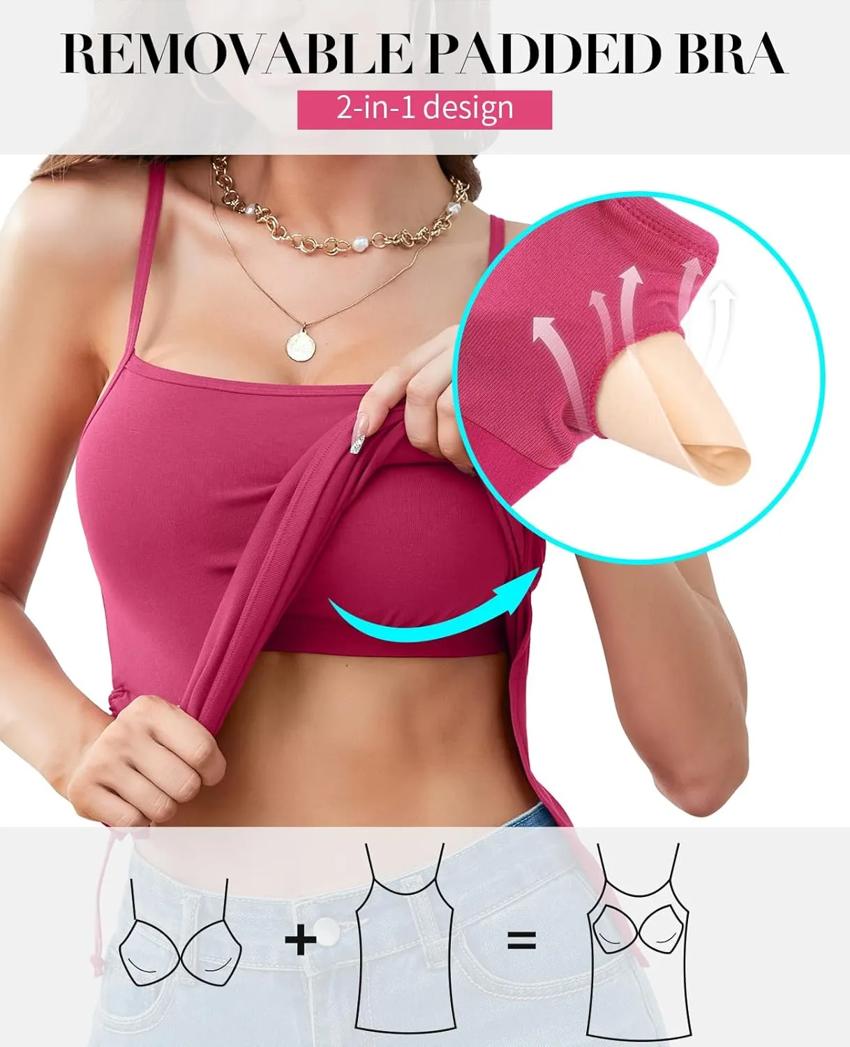 V FOR CITY Padded Camisole for Women with Built-in Bra Adjustable Strap Tank Tops Cotton Cami Shirts