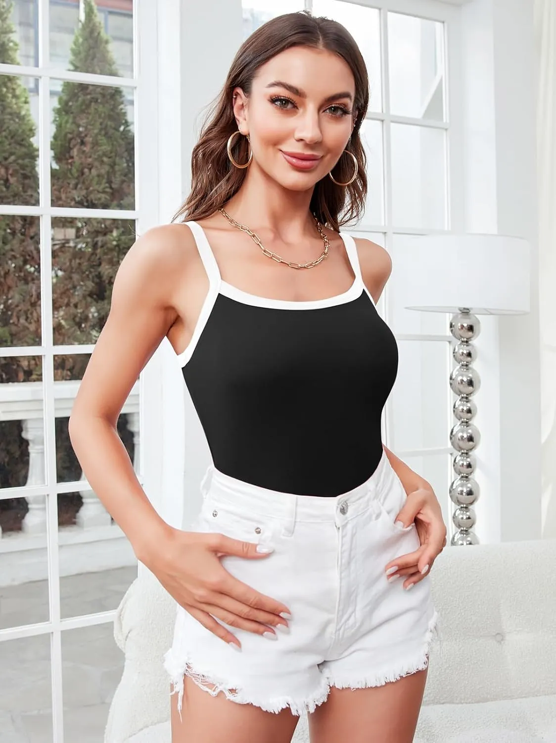 V FOR CITY Women Camis with Built-in Bra Adjustable Strap Cotton Tank Top Contrast Binding Cami Shirts