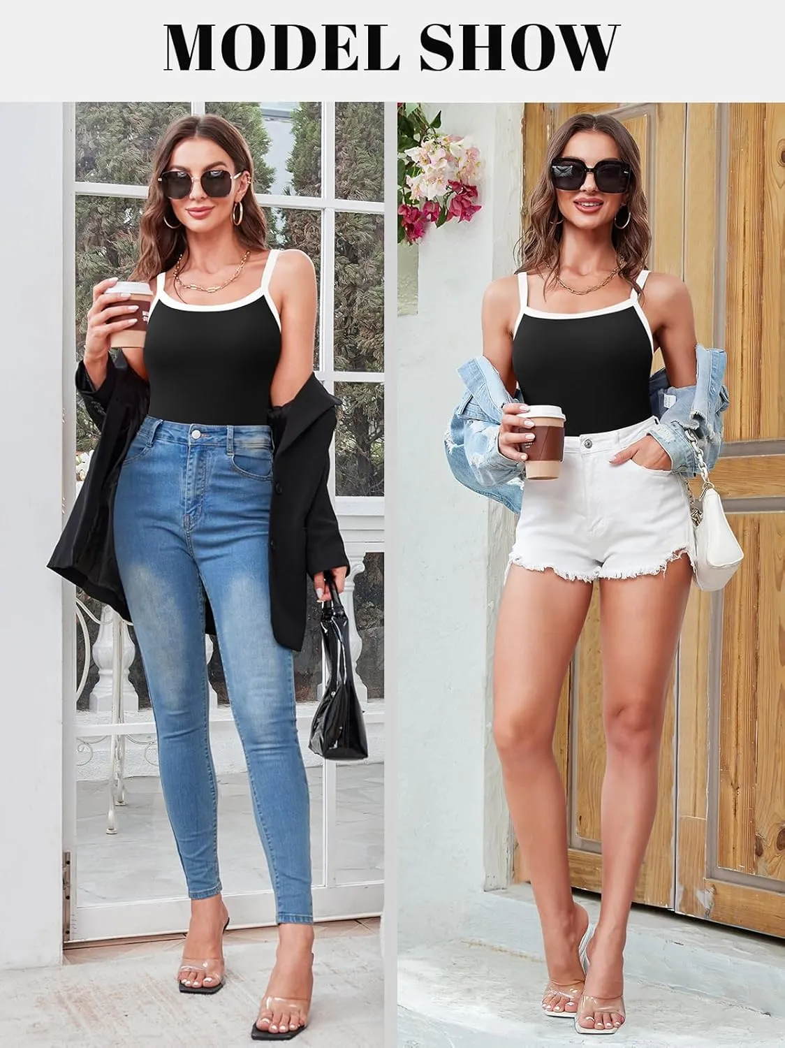 V FOR CITY Women Camis with Built-in Bra Adjustable Strap Cotton Tank Top Contrast Binding Cami Shirts