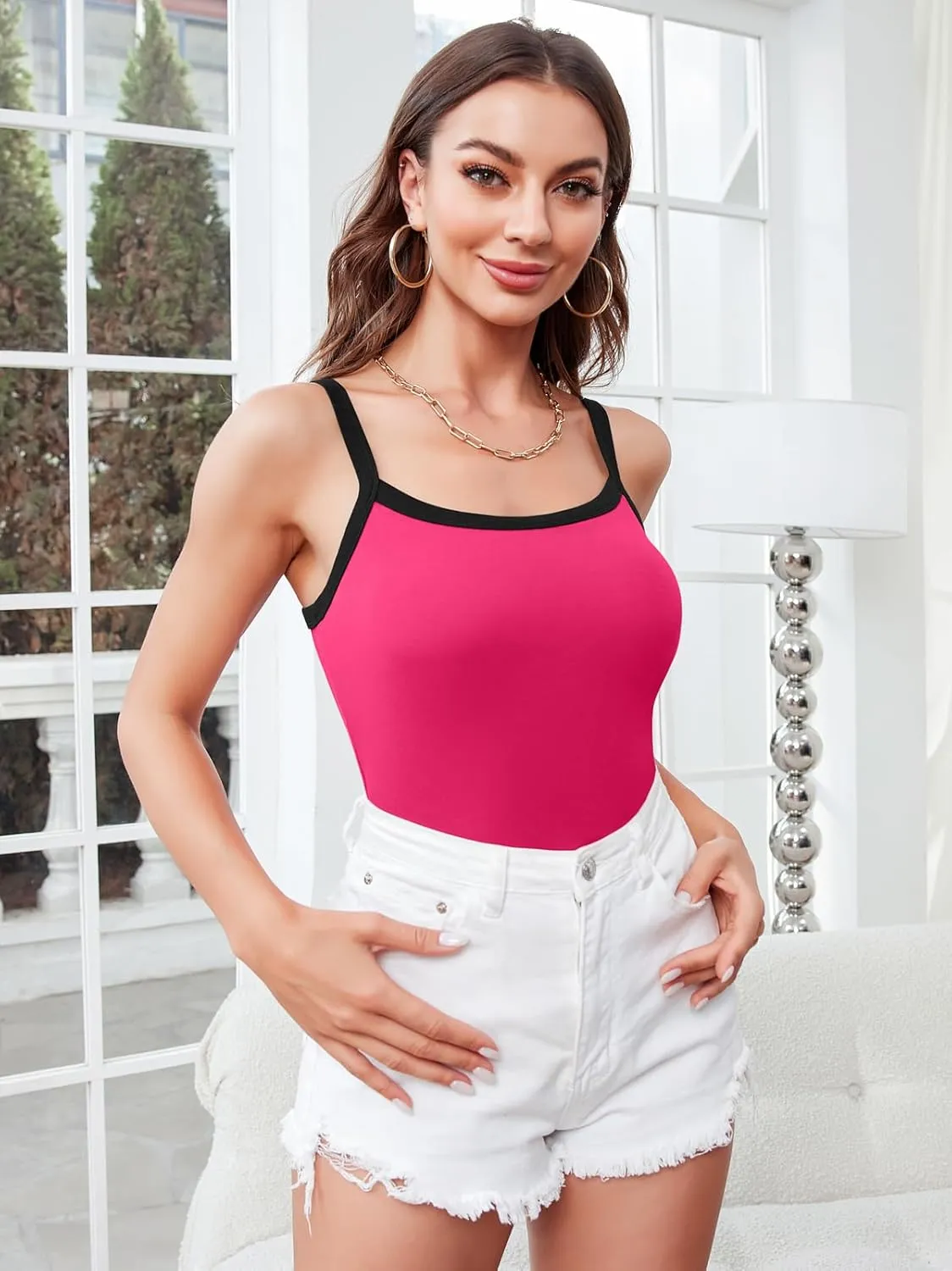 V FOR CITY Women Camis with Built-in Bra Adjustable Strap Cotton Tank Top Contrast Binding Cami Shirts