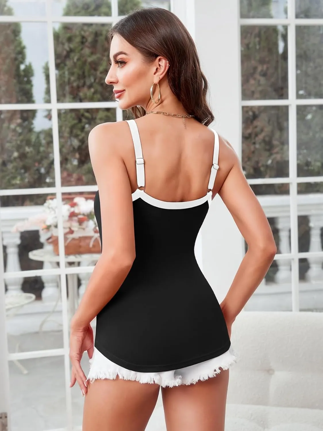V FOR CITY Women Camis with Built-in Bra Adjustable Strap Cotton Tank Top Contrast Binding Cami Shirts