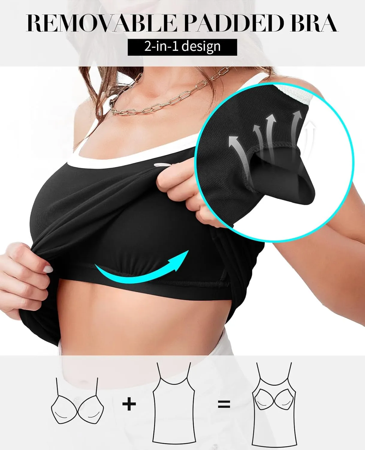 V FOR CITY Women Camis with Built-in Bra Adjustable Strap Cotton Tank Top Contrast Binding Cami Shirts