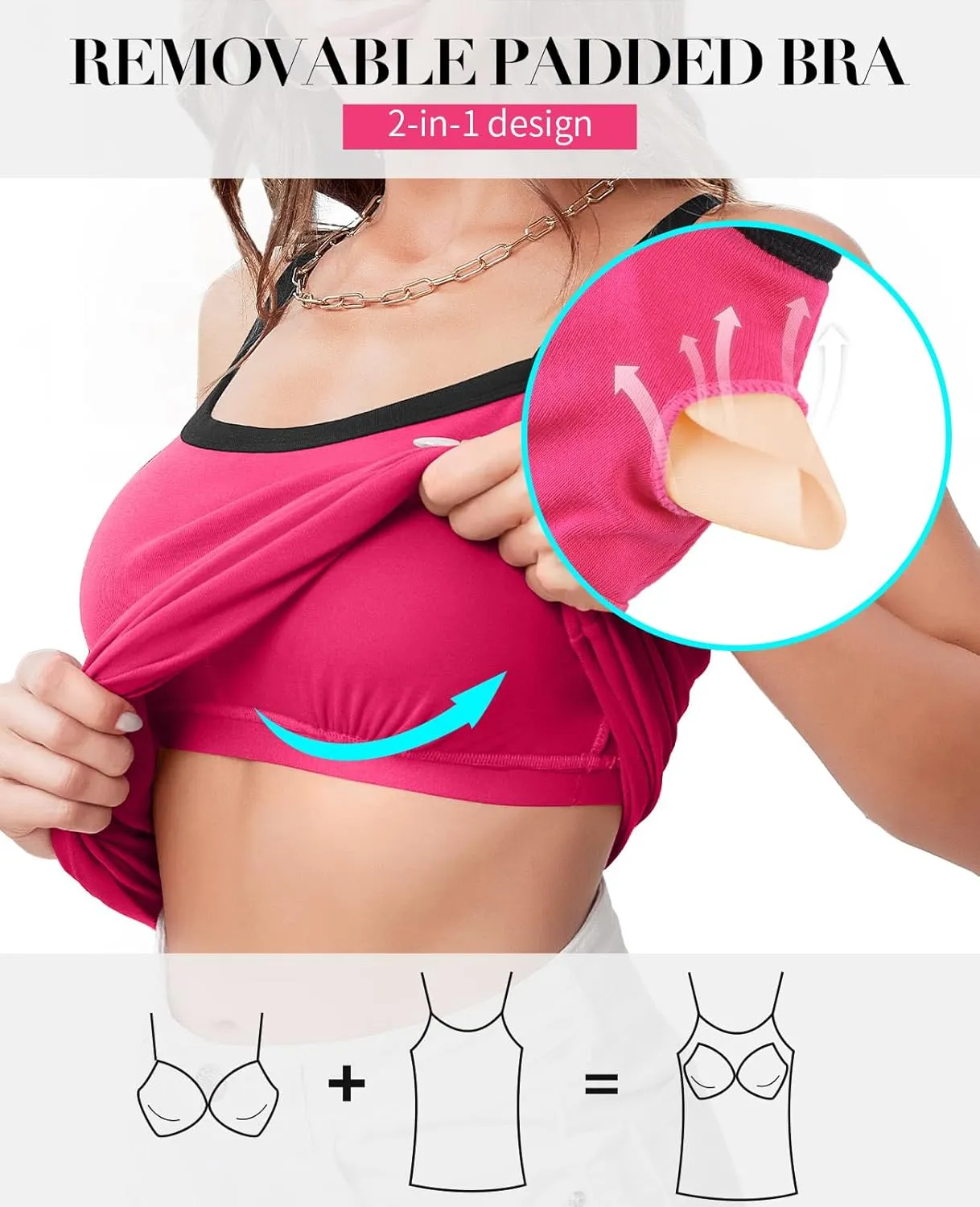 V FOR CITY Women Camis with Built-in Bra Adjustable Strap Cotton Tank Top Contrast Binding Cami Shirts