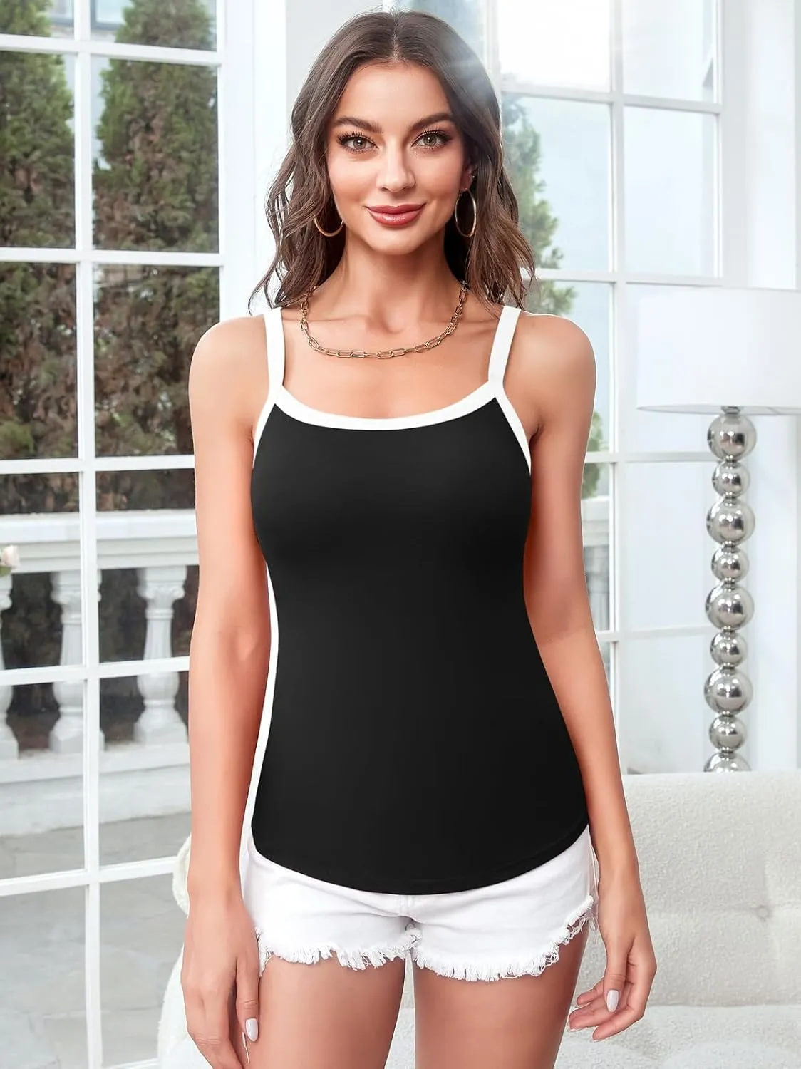 V FOR CITY Women Camis with Built-in Bra Adjustable Strap Cotton Tank Top Contrast Binding Cami Shirts
