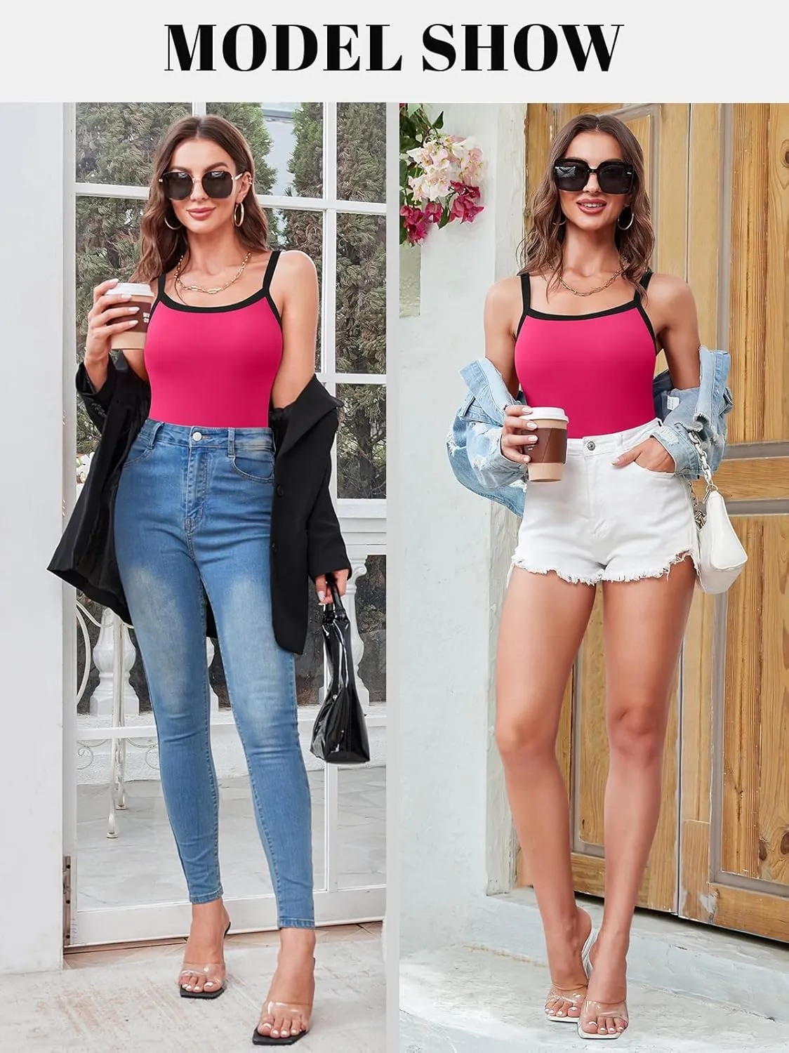 V FOR CITY Women Camis with Built-in Bra Adjustable Strap Cotton Tank Top Contrast Binding Cami Shirts
