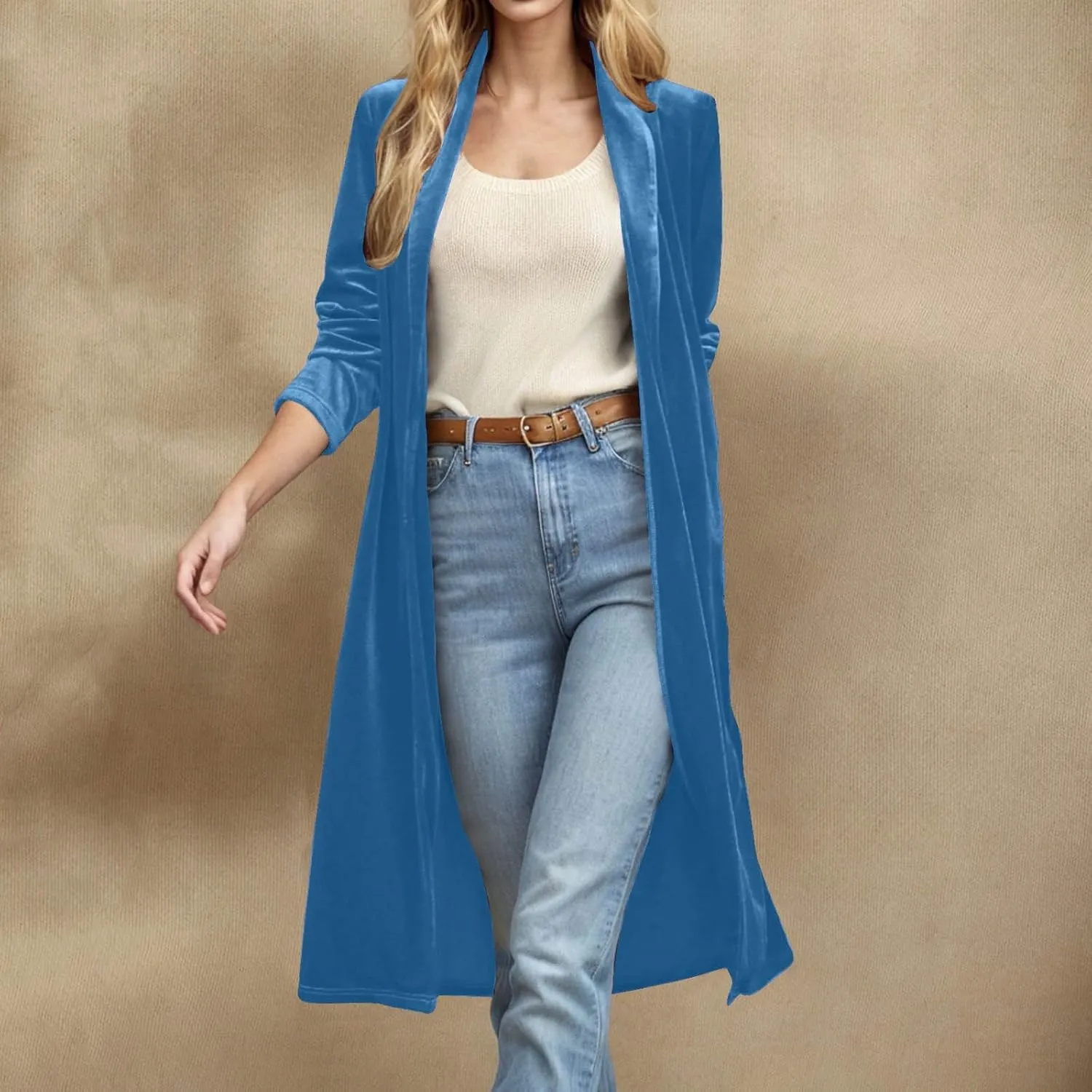 Velvet Cardigan for Women Casual Open Front Long Sleeve Lapel Collar Blazer Jackets Lightweight Long Trench Coats