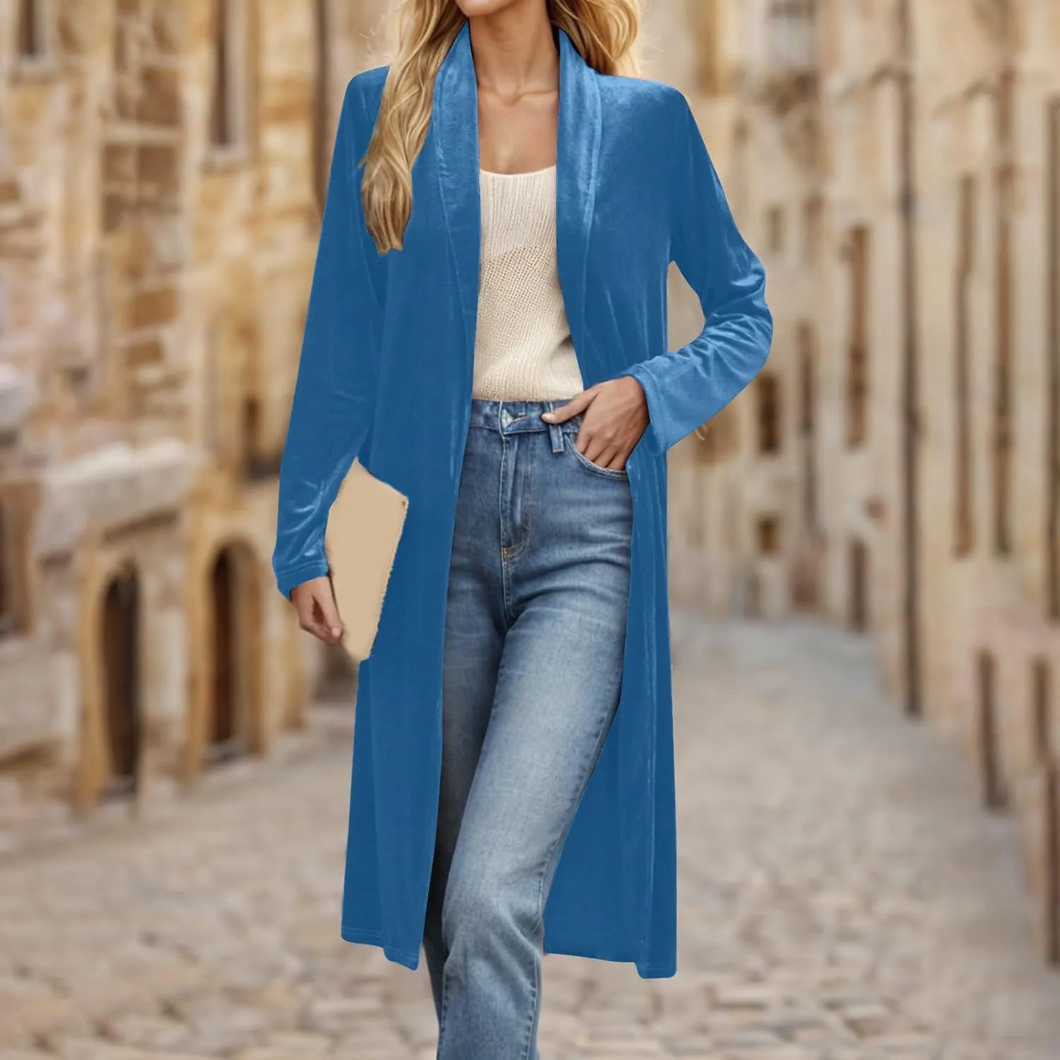 Velvet Cardigan for Women Casual Open Front Long Sleeve Lapel Collar Blazer Jackets Lightweight Long Trench Coats