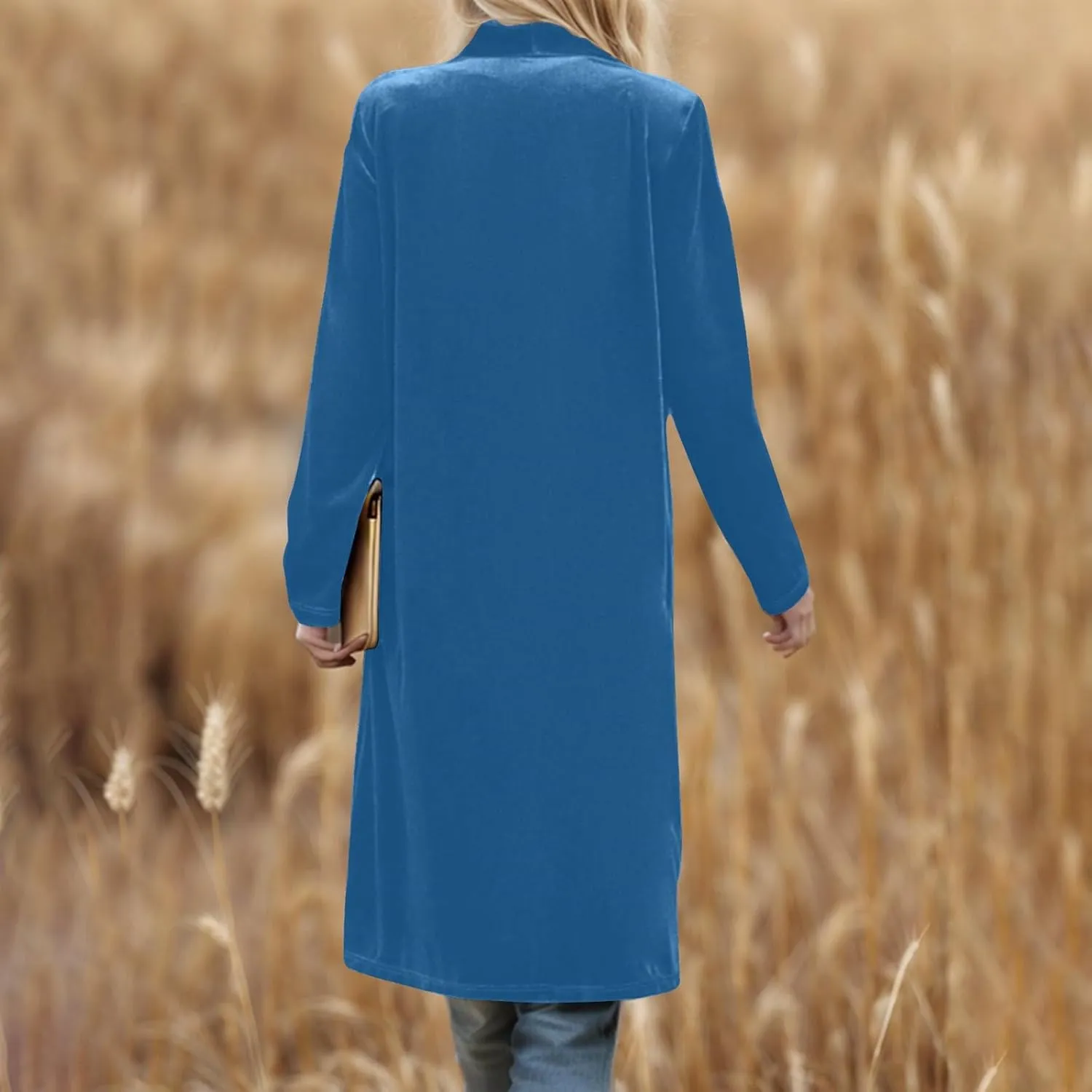 Velvet Cardigan for Women Casual Open Front Long Sleeve Lapel Collar Blazer Jackets Lightweight Long Trench Coats