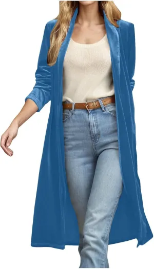 Velvet Cardigan for Women Casual Open Front Long Sleeve Lapel Collar Blazer Jackets Lightweight Long Trench Coats