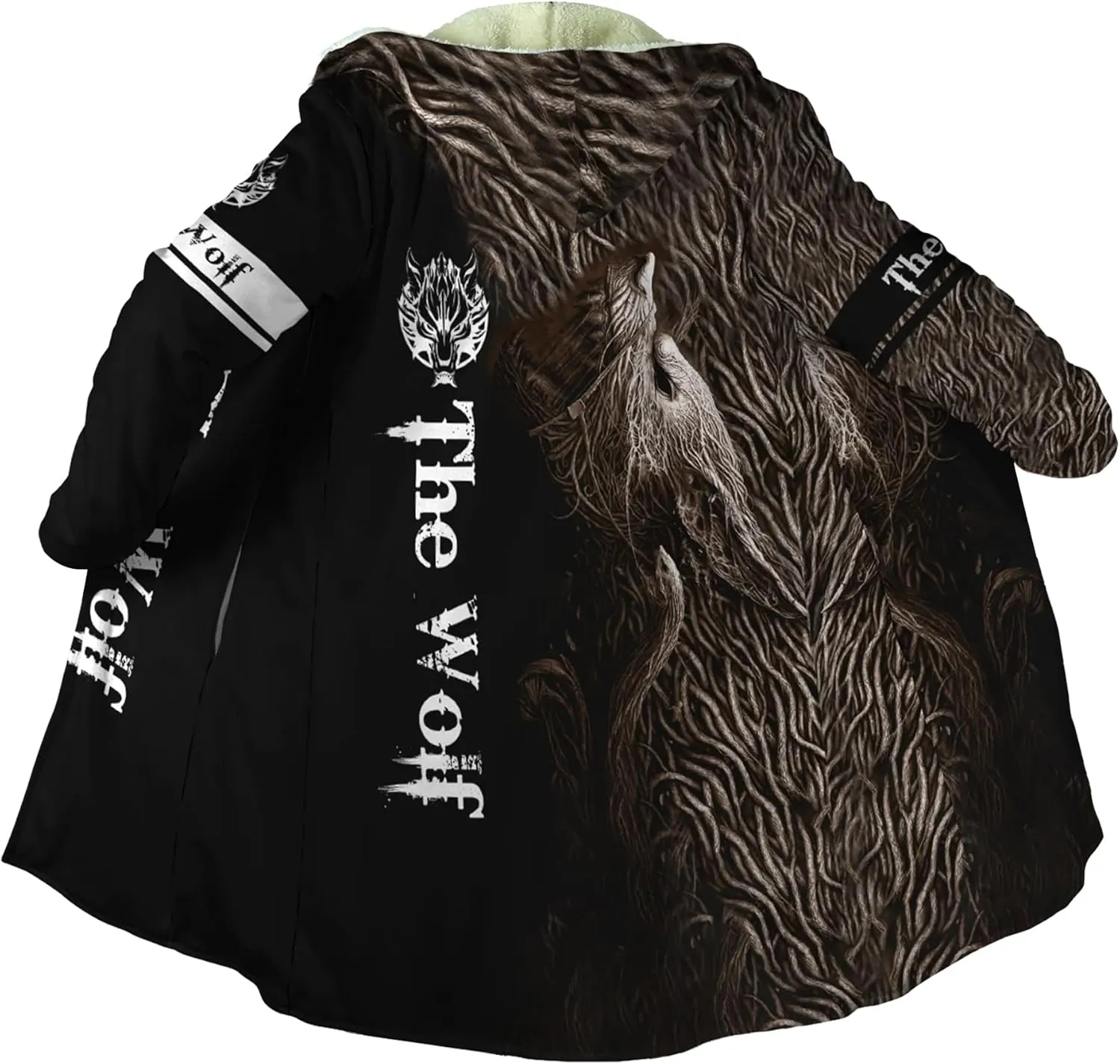 Viking Tattoos Men's Winter Warm Fleece Lining Hooded Parka Fenrir Wolf Pea Coats Trendy Mid-Length Sweater Coats