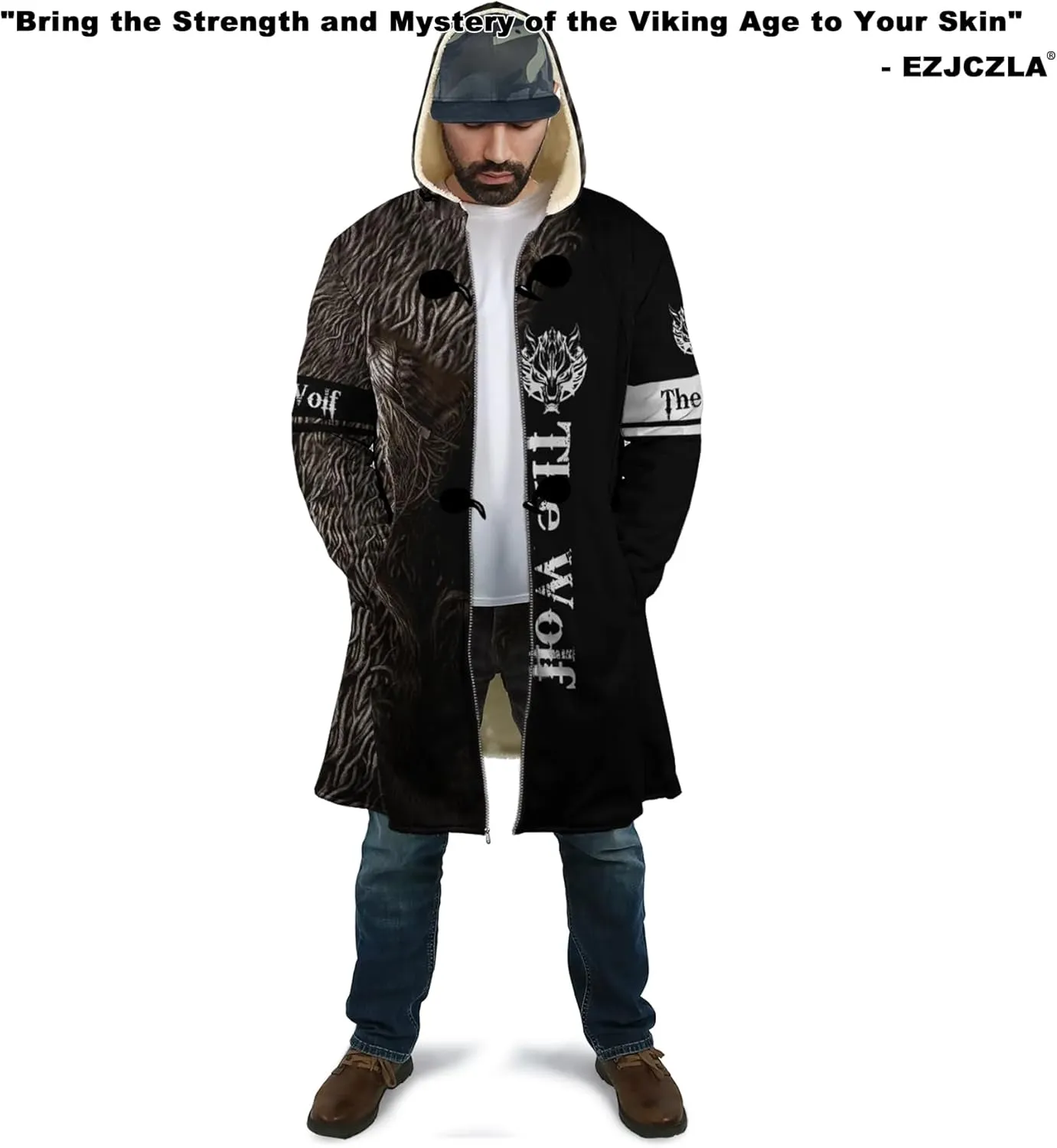 Viking Tattoos Men's Winter Warm Fleece Lining Hooded Parka Fenrir Wolf Pea Coats Trendy Mid-Length Sweater Coats