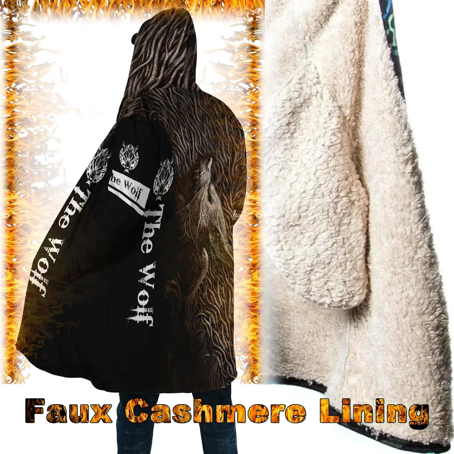Viking Tattoos Men's Winter Warm Fleece Lining Hooded Parka Fenrir Wolf Pea Coats Trendy Mid-Length Sweater Coats