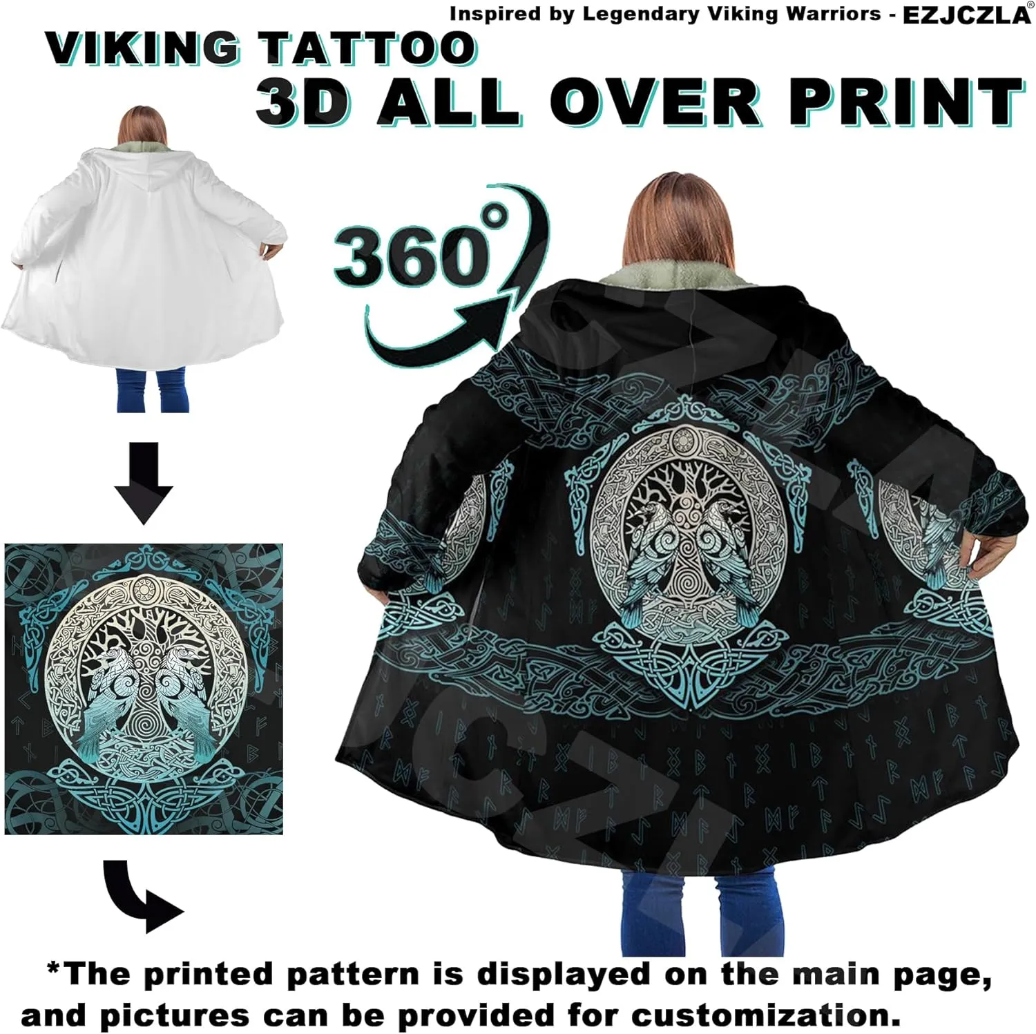 Viking Unisex Winter Cloak 3D Print Valaknut Odin Raven Coats with Hood, Thermal Fleece-Lined Relaxed Hip Hop Jacket