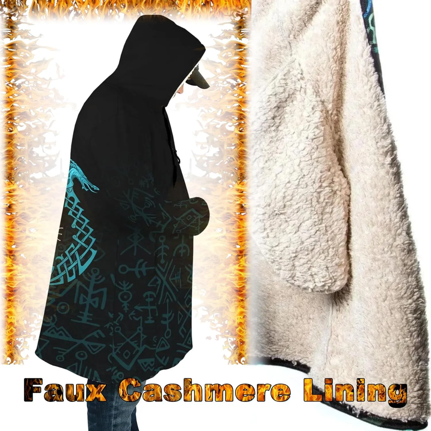 Viking Unisex Winter Cloak 3D Print Valaknut Odin Raven Coats with Hood, Thermal Fleece-Lined Relaxed Hip Hop Jacket