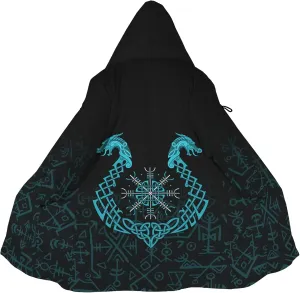 Viking Unisex Winter Cloak 3D Print Valaknut Odin Raven Coats with Hood, Thermal Fleece-Lined Relaxed Hip Hop Jacket