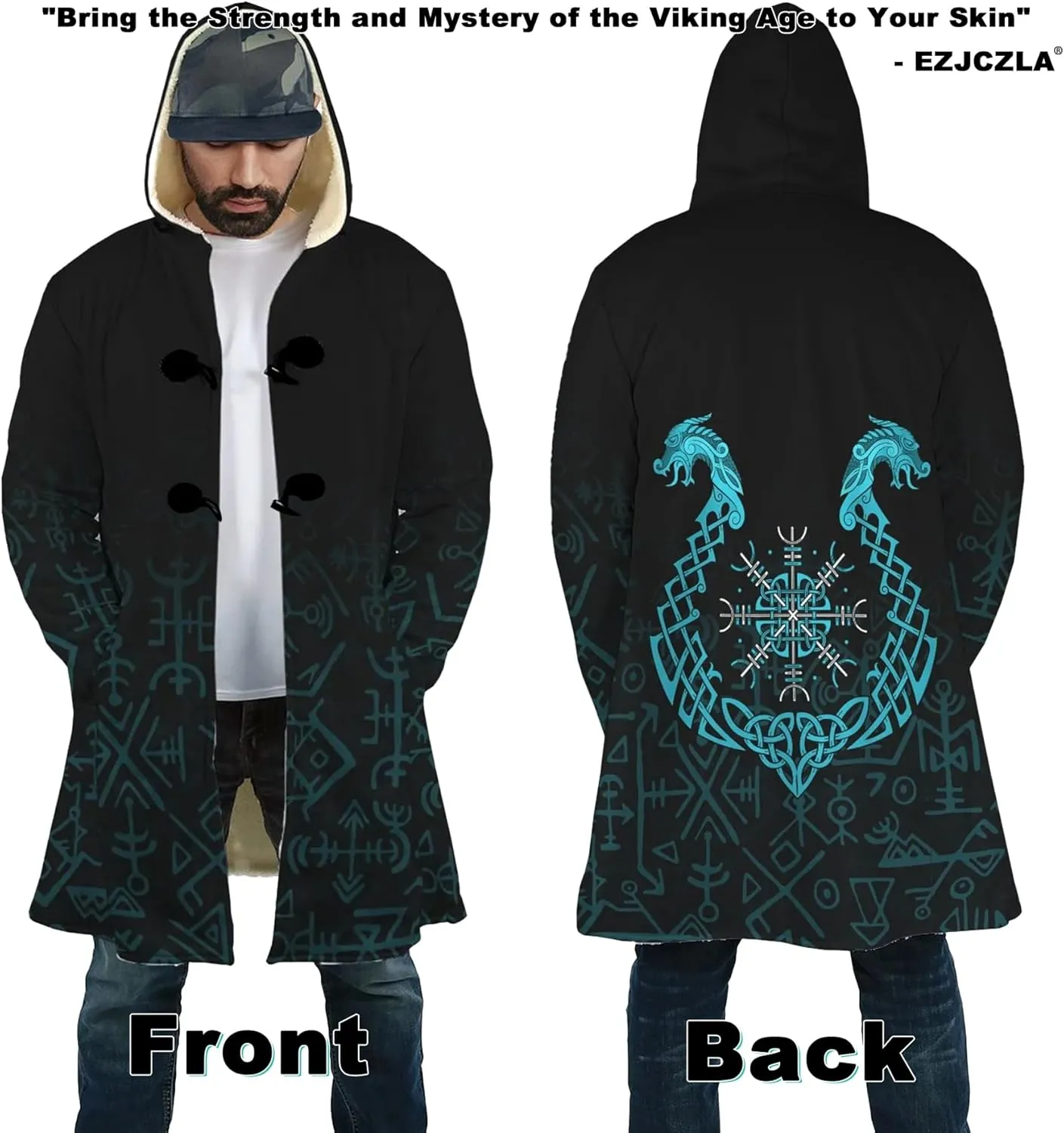 Viking Unisex Winter Cloak 3D Print Valaknut Odin Raven Coats with Hood, Thermal Fleece-Lined Relaxed Hip Hop Jacket