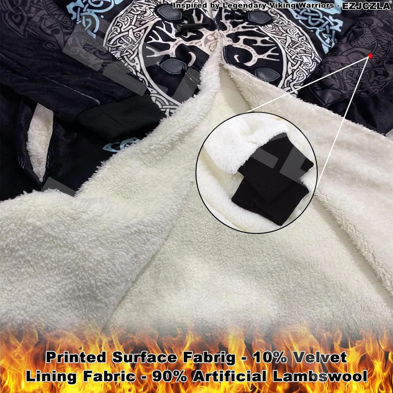 Viking Unisex Winter Cloak 3D Print Valaknut Odin Raven Coats with Hood, Thermal Fleece-Lined Relaxed Hip Hop Jacket