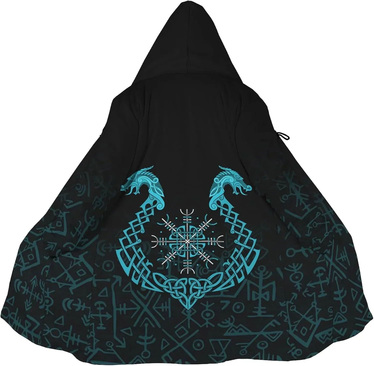 Viking Unisex Winter Cloak 3D Print Valaknut Odin Raven Coats with Hood, Thermal Fleece-Lined Relaxed Hip Hop Jacket