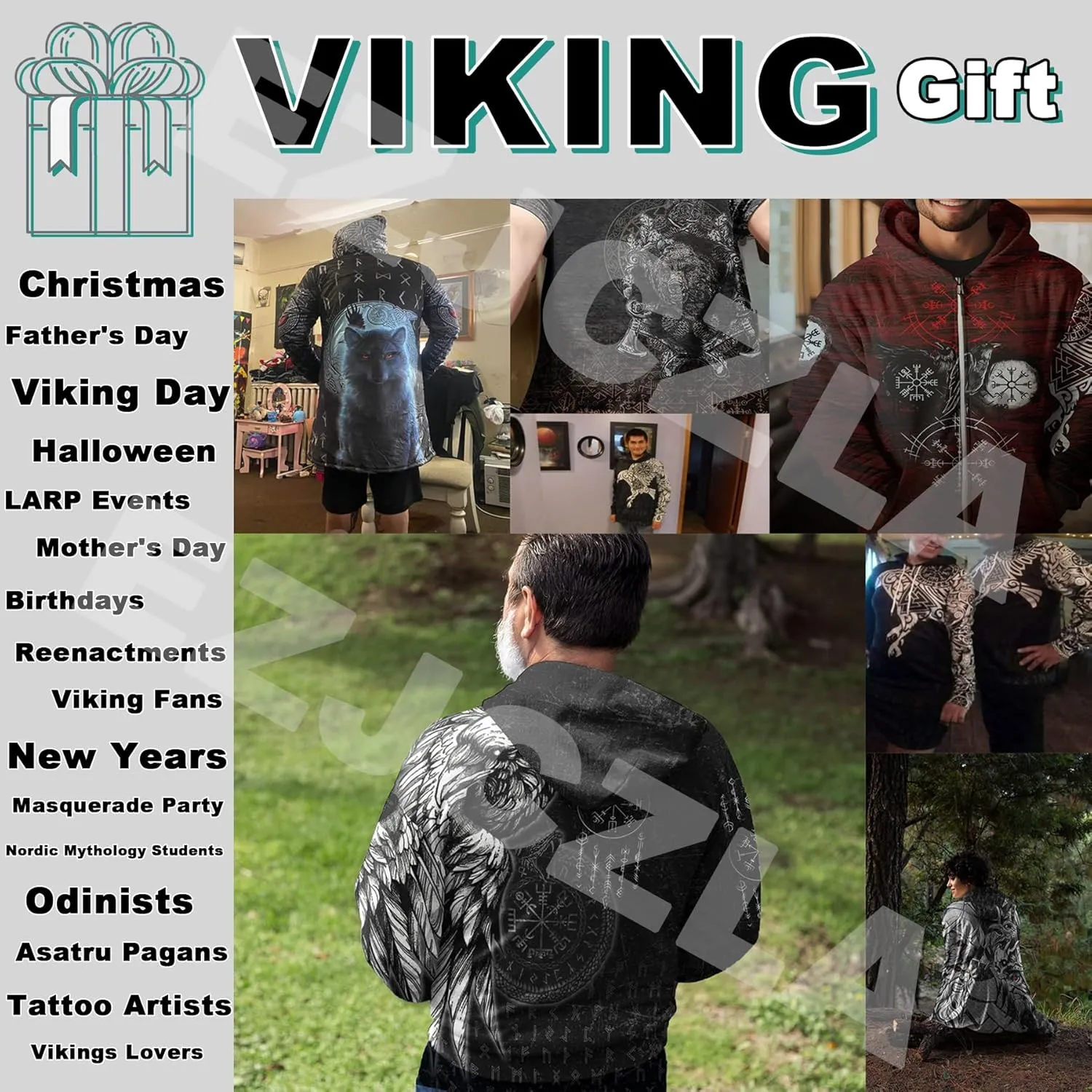 Viking Unisex Winter Cloak 3D Print Valaknut Odin Raven Coats with Hood, Thermal Fleece-Lined Relaxed Hip Hop Jacket