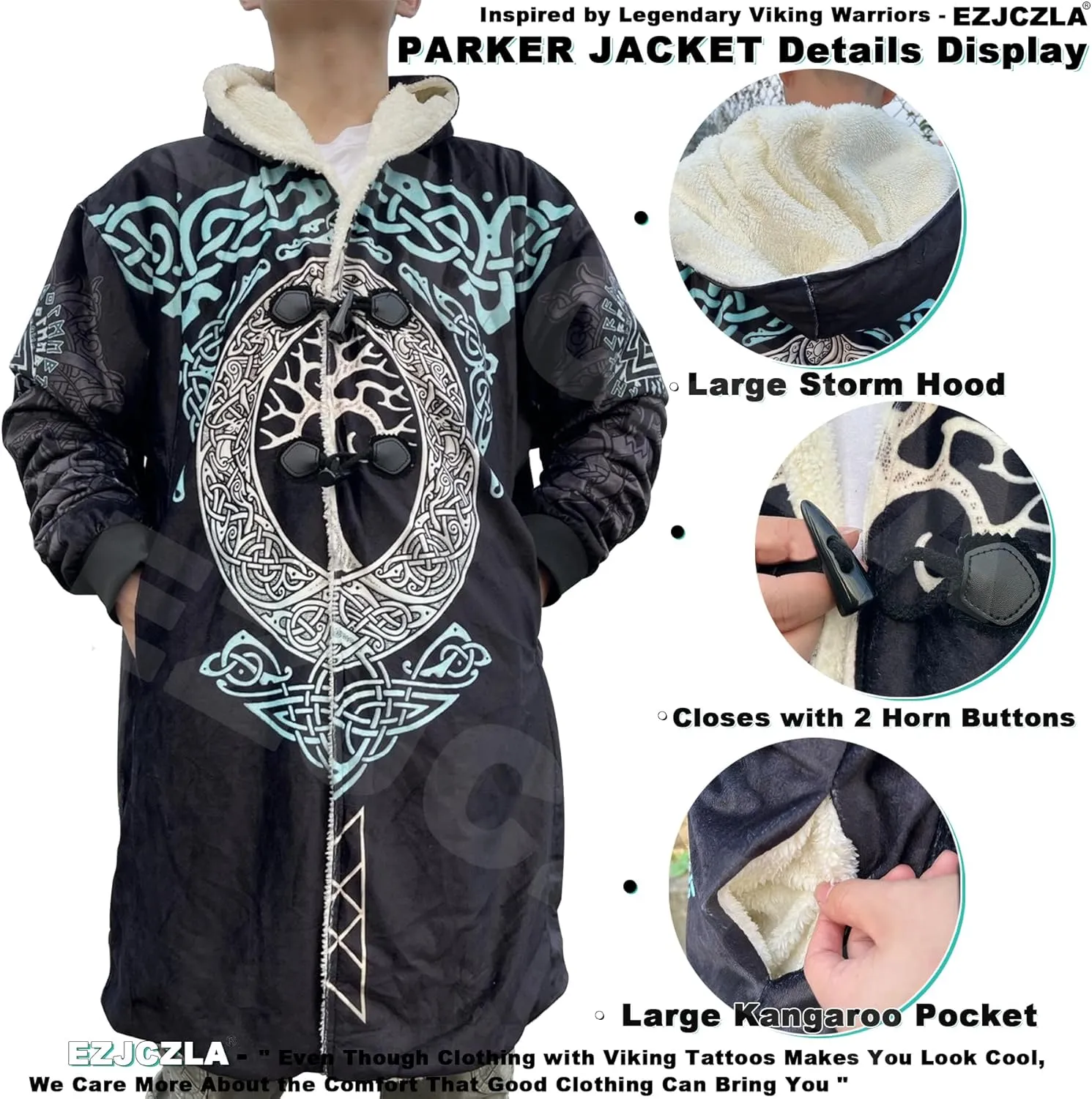 Viking Unisex Winter Cloak 3D Print Valaknut Odin Raven Coats with Hood, Thermal Fleece-Lined Relaxed Hip Hop Jacket