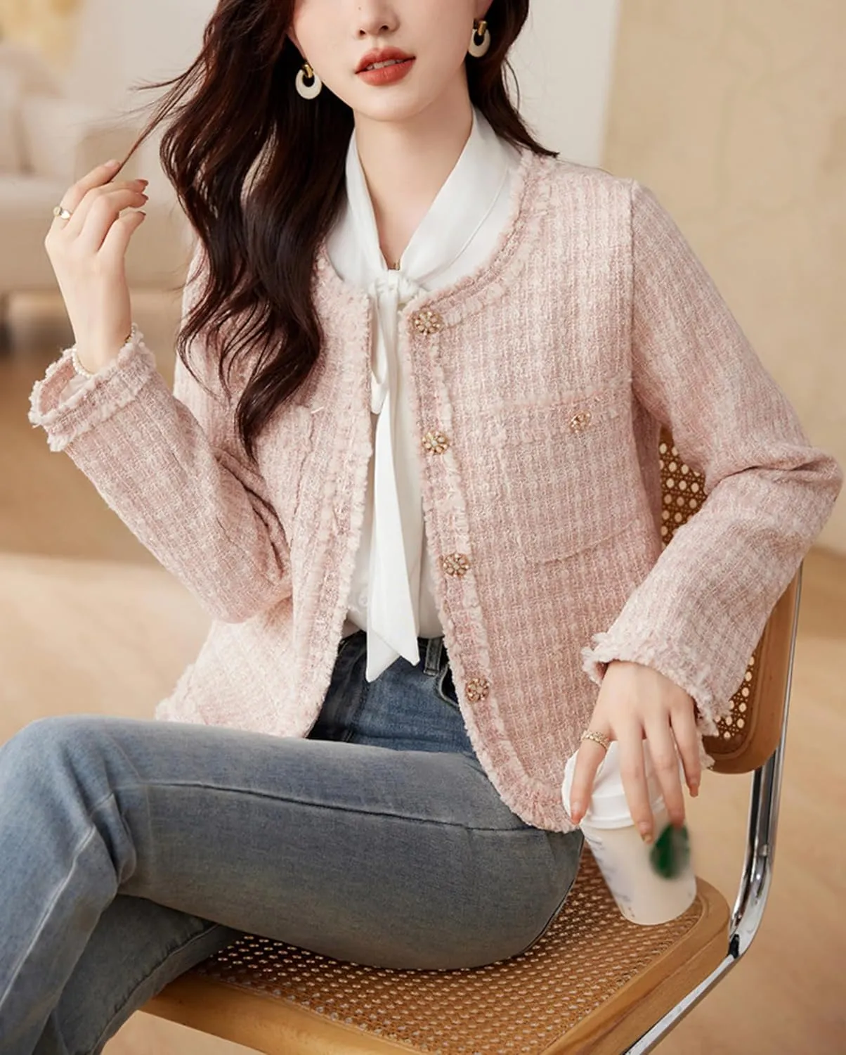 Vintage Women Woolen Tweed Coat O-Neck Slim Short Jackets Korean Wool Blends Outwear Tops