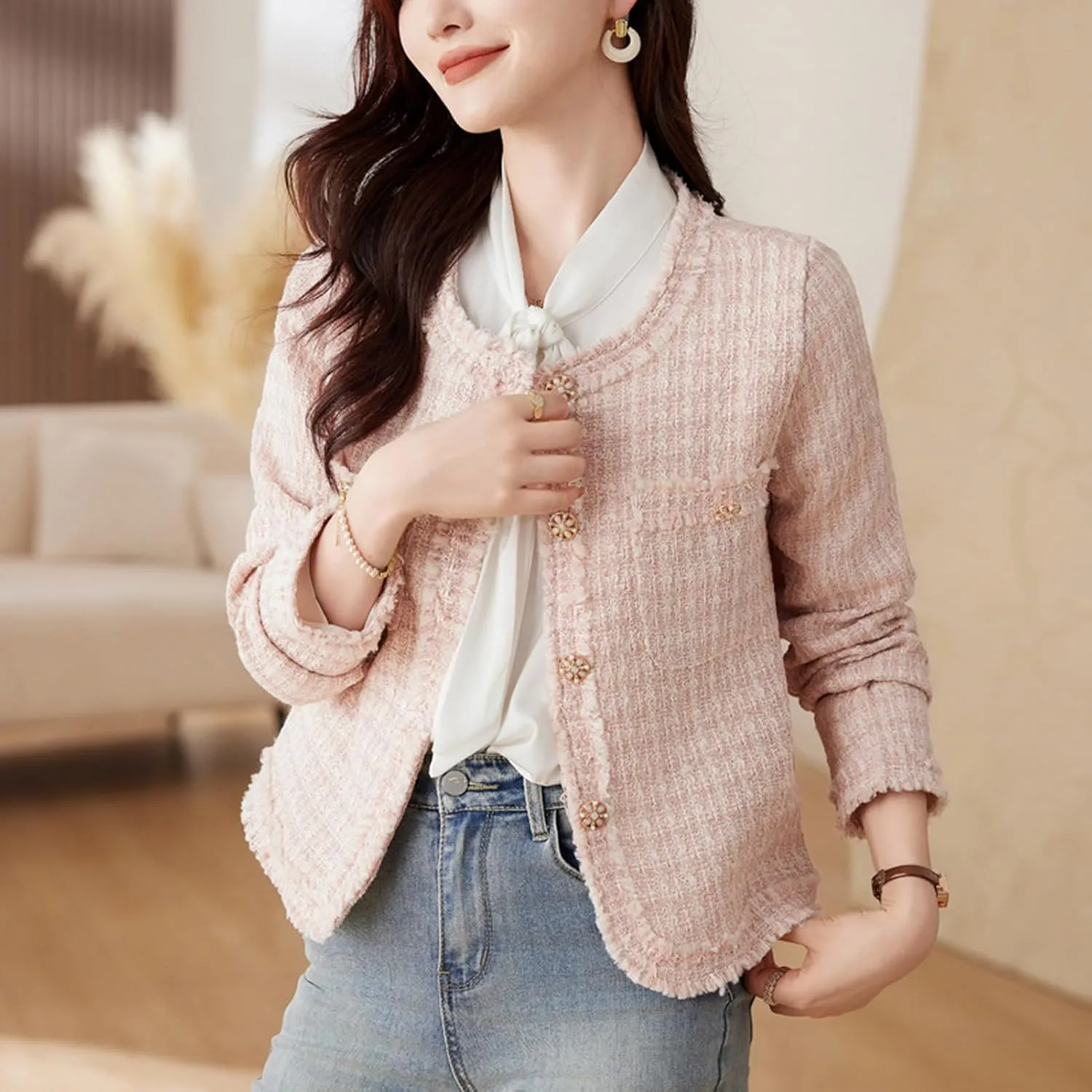 Vintage Women Woolen Tweed Coat O-Neck Slim Short Jackets Korean Wool Blends Outwear Tops