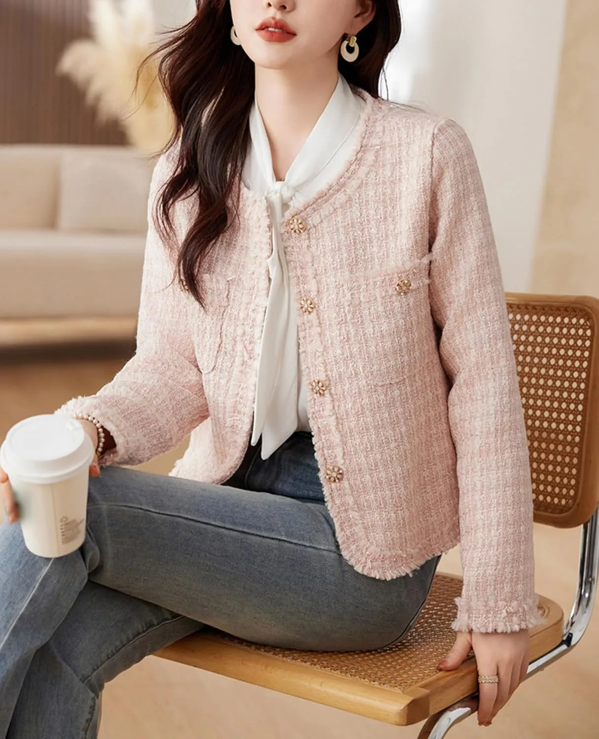 Vintage Women Woolen Tweed Coat O-Neck Slim Short Jackets Korean Wool Blends Outwear Tops