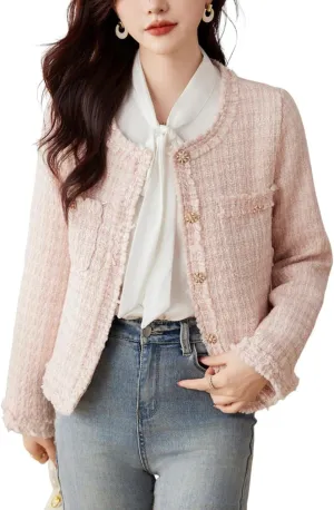 Vintage Women Woolen Tweed Coat O-Neck Slim Short Jackets Korean Wool Blends Outwear Tops