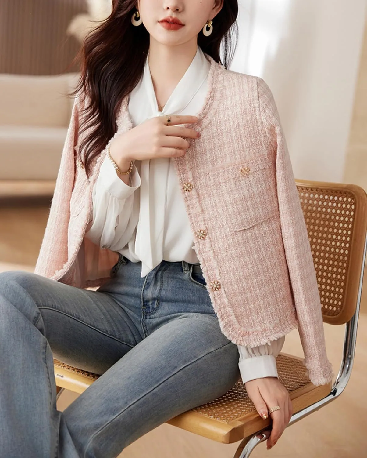 Vintage Women Woolen Tweed Coat O-Neck Slim Short Jackets Korean Wool Blends Outwear Tops