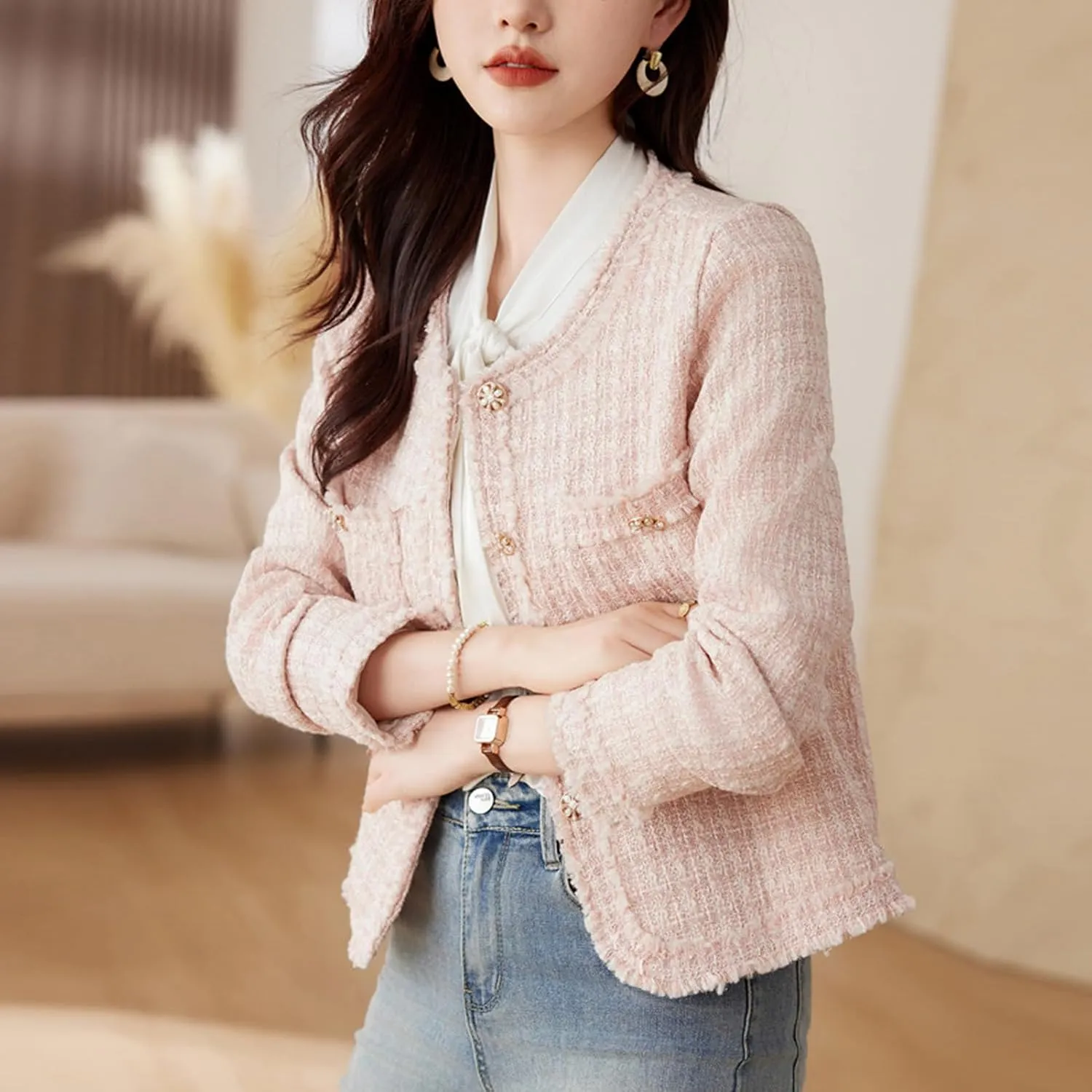 Vintage Women Woolen Tweed Coat O-Neck Slim Short Jackets Korean Wool Blends Outwear Tops