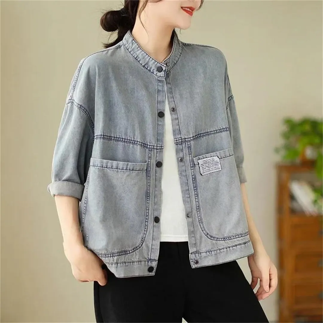 Vsadsau Women's Denim Jacket Retro Mock Neck Long Sleeve Solid Color Loose Buttons Jean Coats
