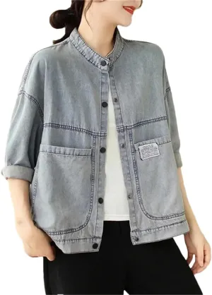 Vsadsau Women's Denim Jacket Retro Mock Neck Long Sleeve Solid Color Loose Buttons Jean Coats