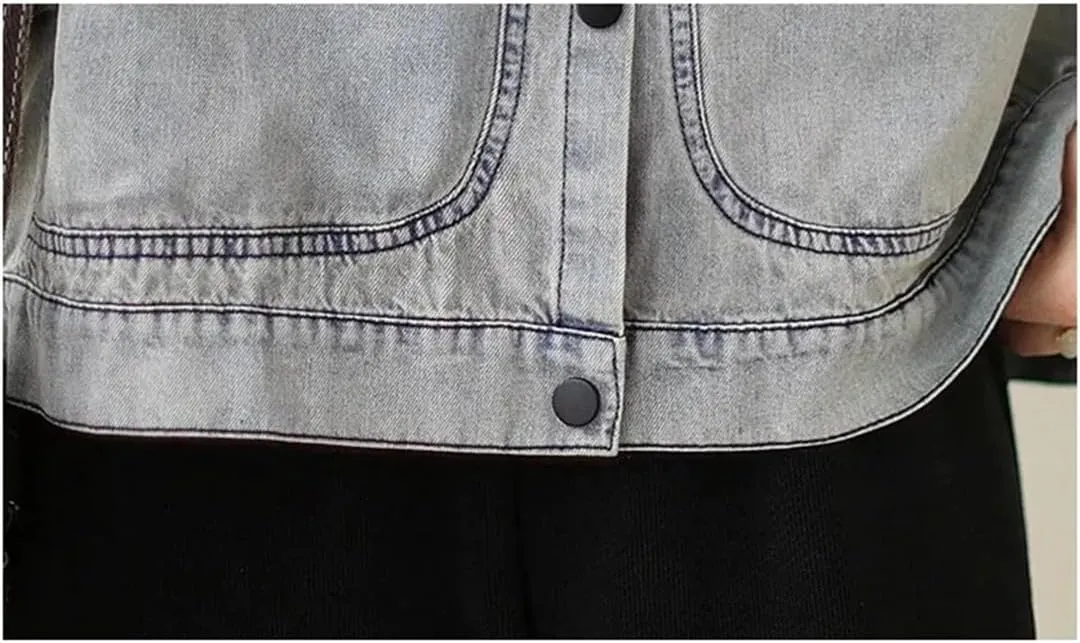 Vsadsau Women's Denim Jacket Retro Mock Neck Long Sleeve Solid Color Loose Buttons Jean Coats