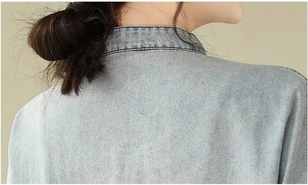 Vsadsau Women's Denim Jacket Retro Mock Neck Long Sleeve Solid Color Loose Buttons Jean Coats