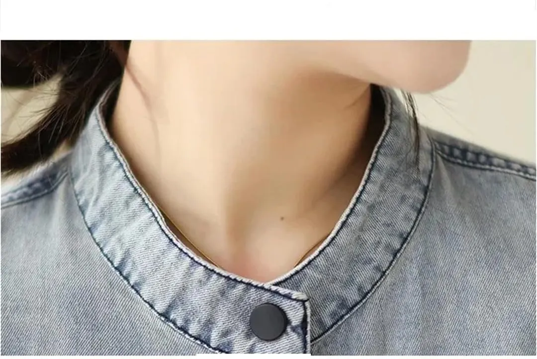 Vsadsau Women's Denim Jacket Retro Mock Neck Long Sleeve Solid Color Loose Buttons Jean Coats