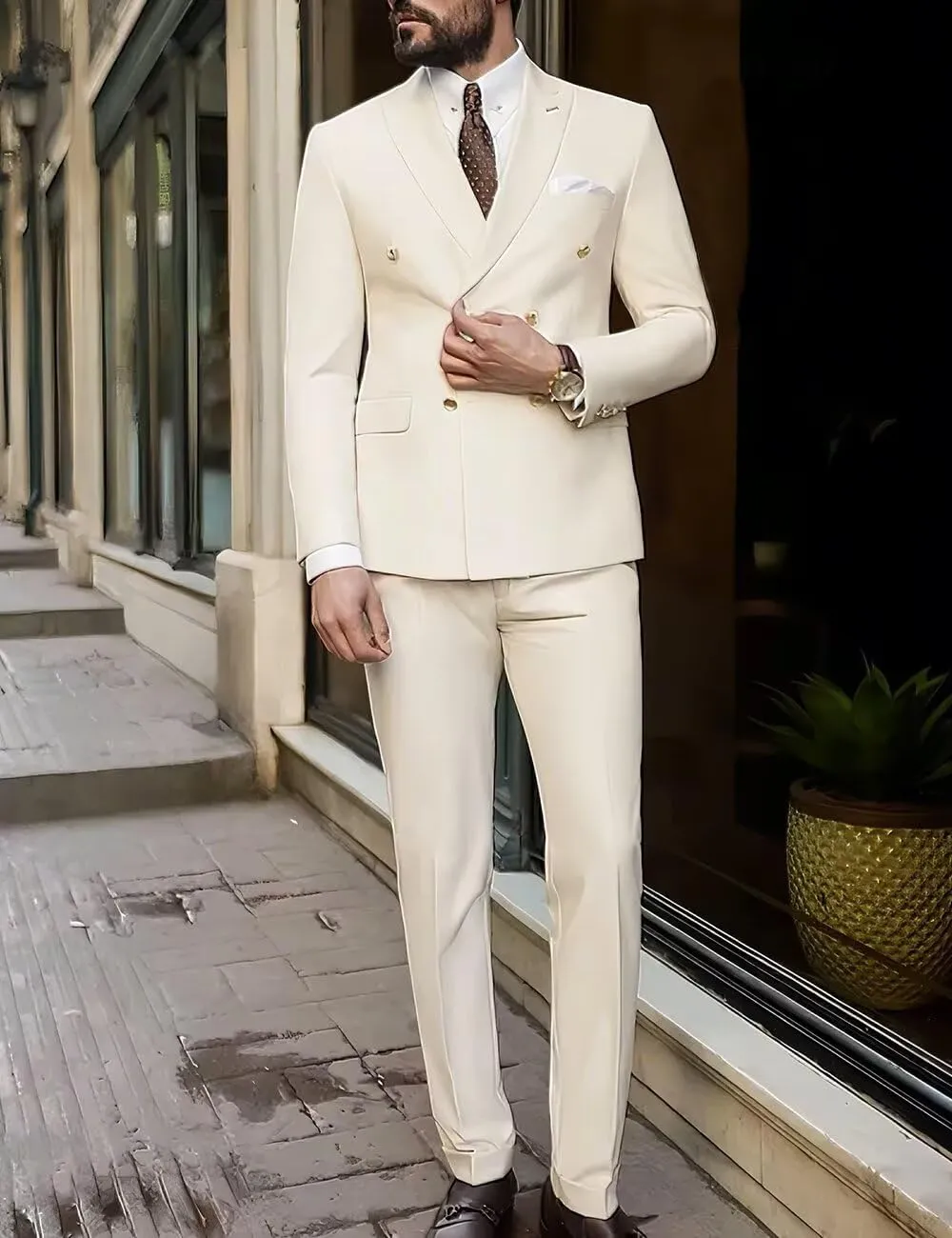 Wangyue Mens Double Breasted Suit 2 Piece Slim Fit Wedding Suit for Men Double Breasted Blazer Prom Formal Suits Set