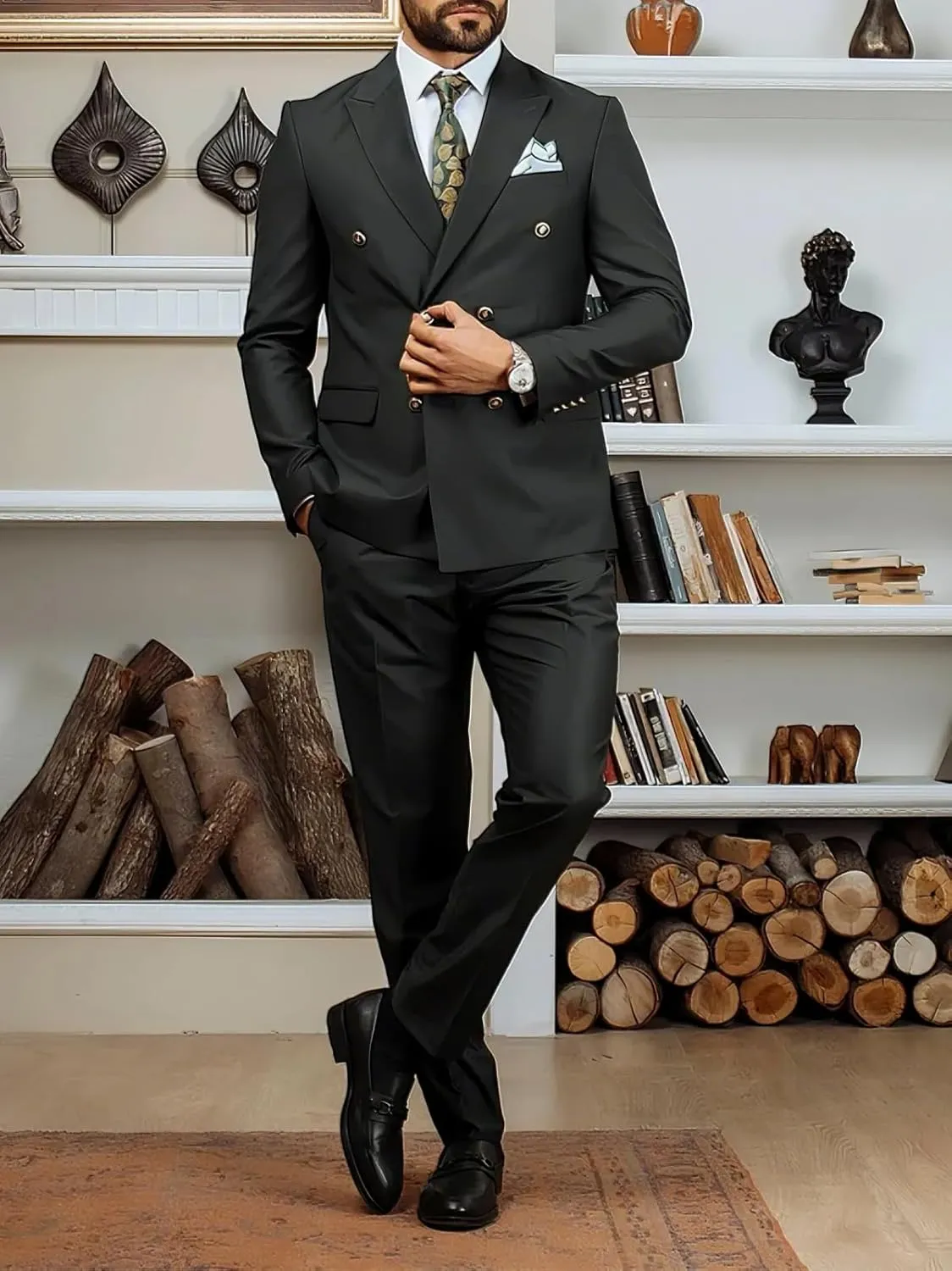 Wangyue Mens Double Breasted Suit 2 Piece Slim Fit Wedding Suit for Men Double Breasted Blazer Prom Formal Suits Set
